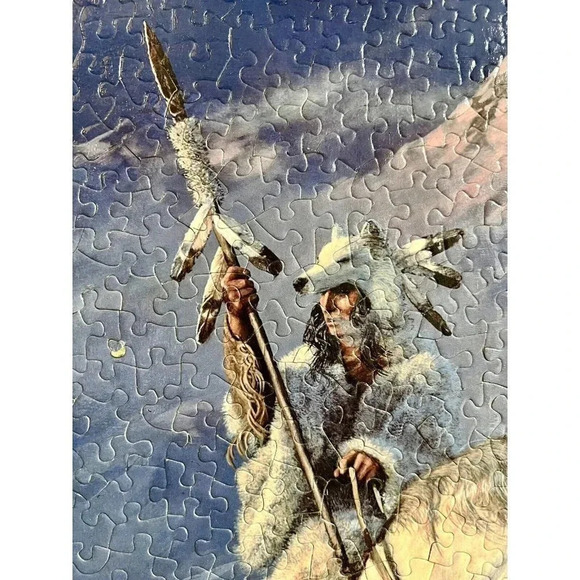 VTG Native American White Horse Wolves Wooden Framed Puzzle Arrow Art Decor - Picture 3 of 12